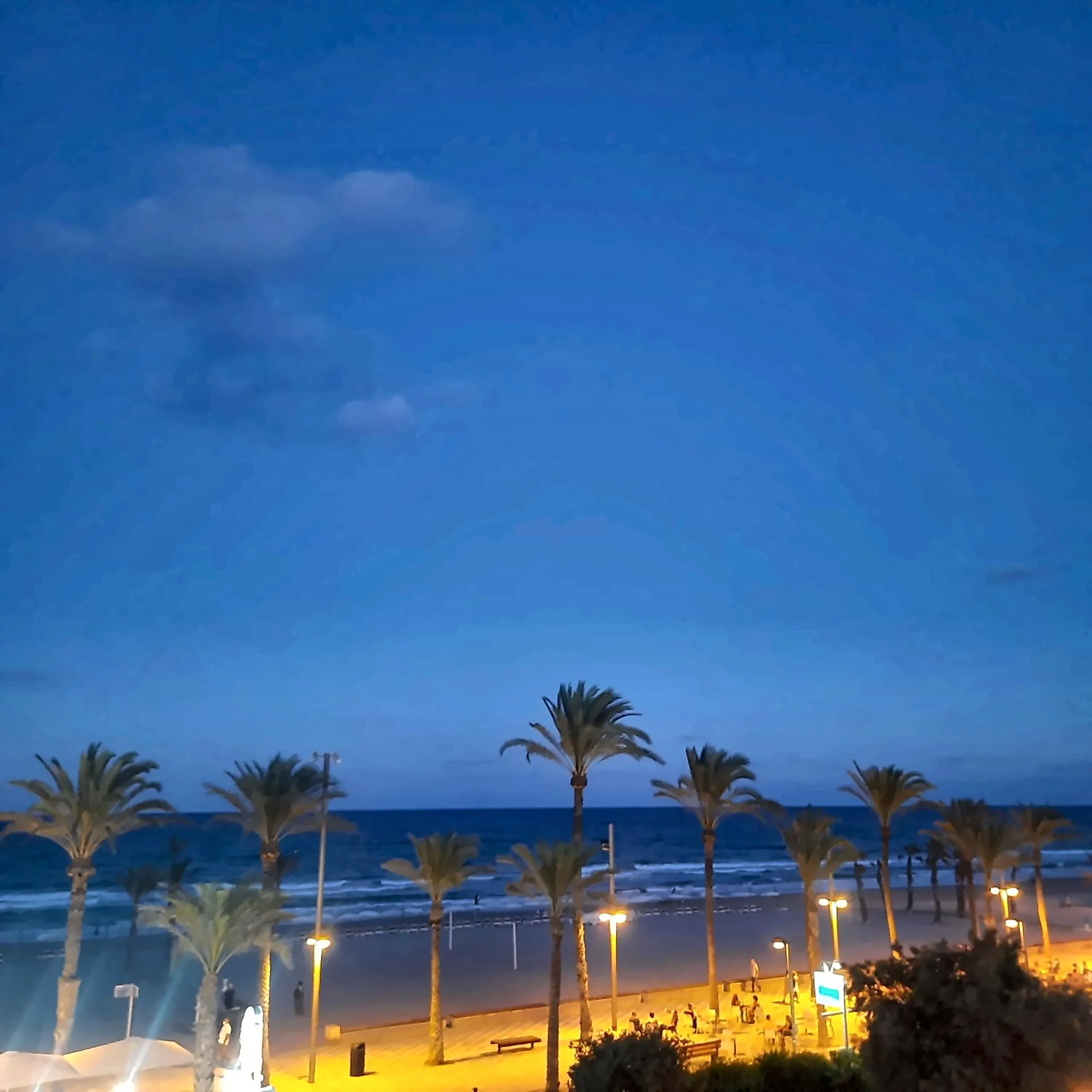 La playa y el paseo con las farolas encendidas